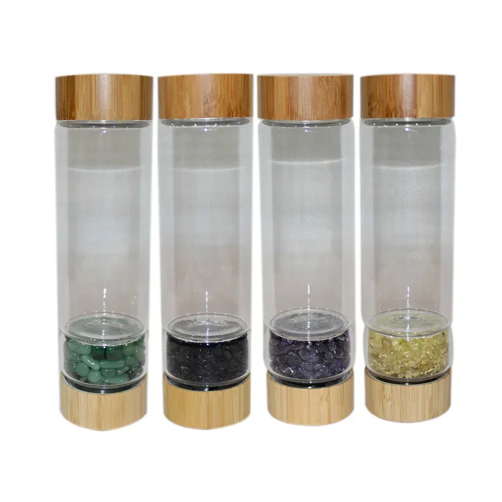 Hydro-earth Eco-Friendly Bamboo & Glaas Natural Crystal Stone Water Bottle 450ml