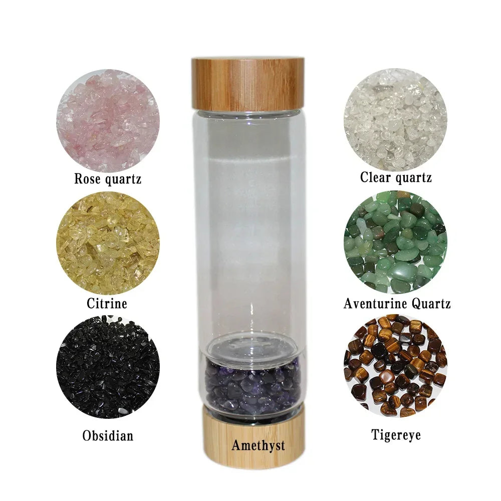 Hydro-earth Eco-Friendly Bamboo & Glaas Natural Crystal Stone Water Bottle 450ml