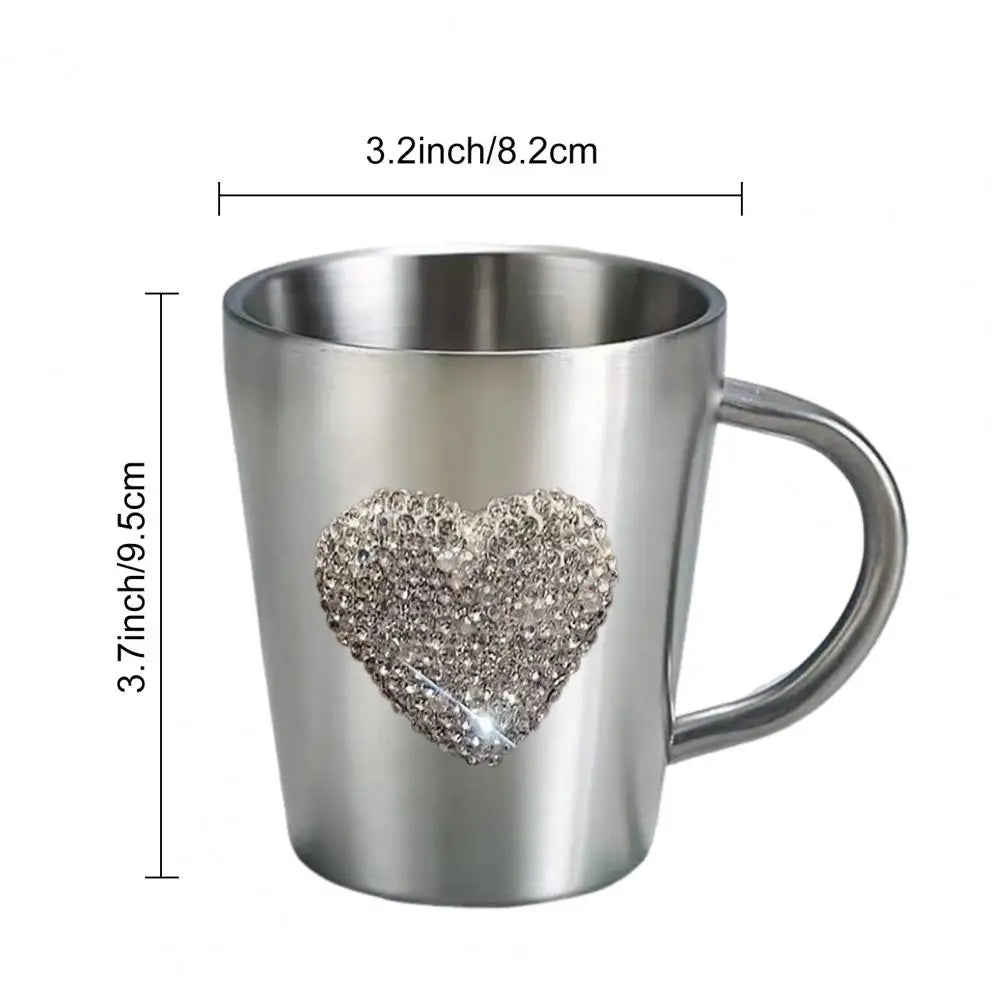 Stainless Steel Coffee Mug with Handle Heart-Shaped Sparkling Water Cup Faux Crystal Coffee & Beer Mug for Hot Beverage Tea