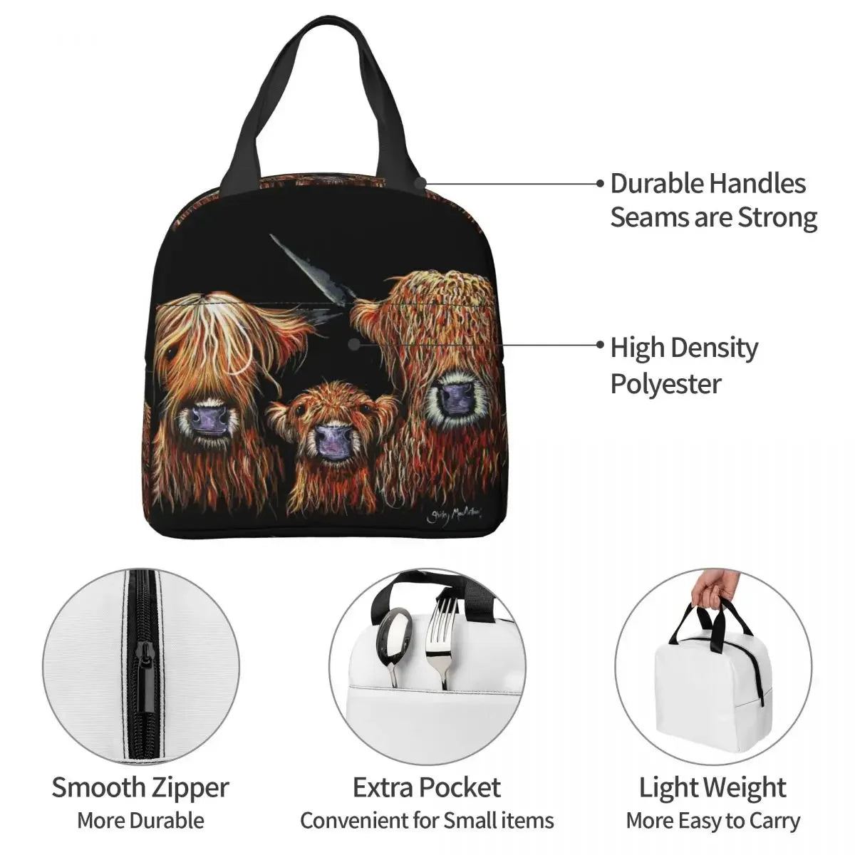 Scottish Highland Cows Lunch Bags Insulated Bento Box Portable Lunch Tote Resuable Picnic Bags Cooler Thermal Bag for WomanWork
