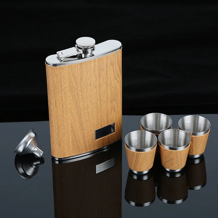 9 oz (250ml) Wooden/Stainless Steel Hip Flask Set With 1 Funnel and 4 Cups Whiskey Wine Stainless Steel Flagon Bottle Travel Drinkware For Gifts