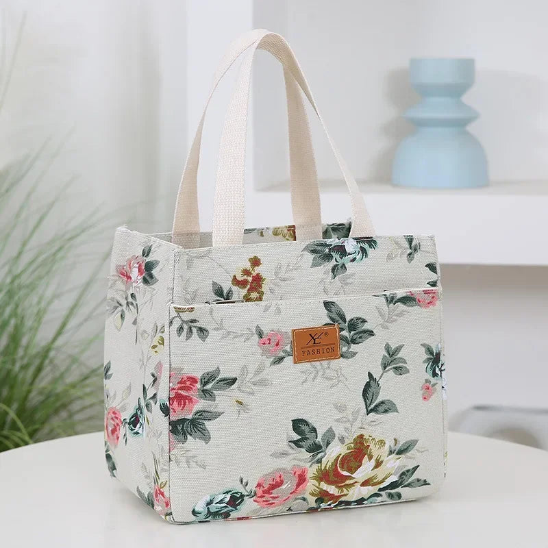 Aesthetic Floral Print Lunch Bag, Insulated Large Capacity Bento Bag, Thermal Cooler Handbag For School, Work, Travel & Picnic