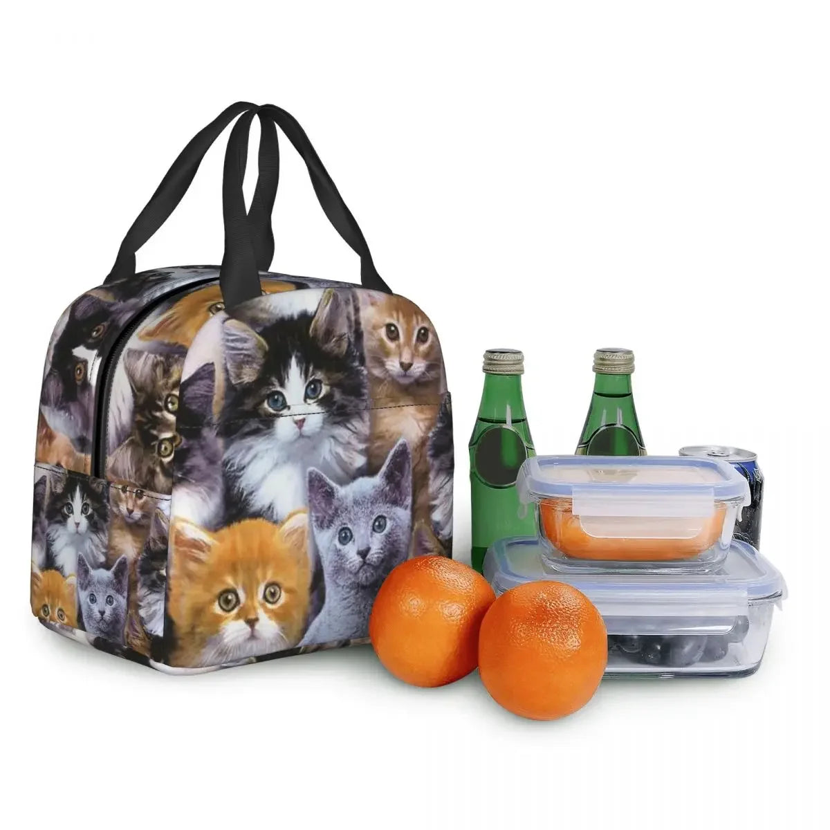 Cute Cats Pattern Print Portable Lunch Bag Cooler Picnic Bags Insulated Thermal Lunch Box Pouch Children School Food Storage Bag