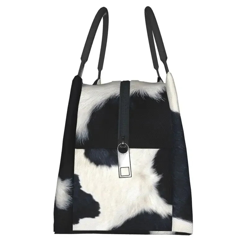 Black And White Cow Hide Print Insulated Lunch Bag (Simulated Cowhide) Textured Portable Thermal Cooler Food Lunch Box