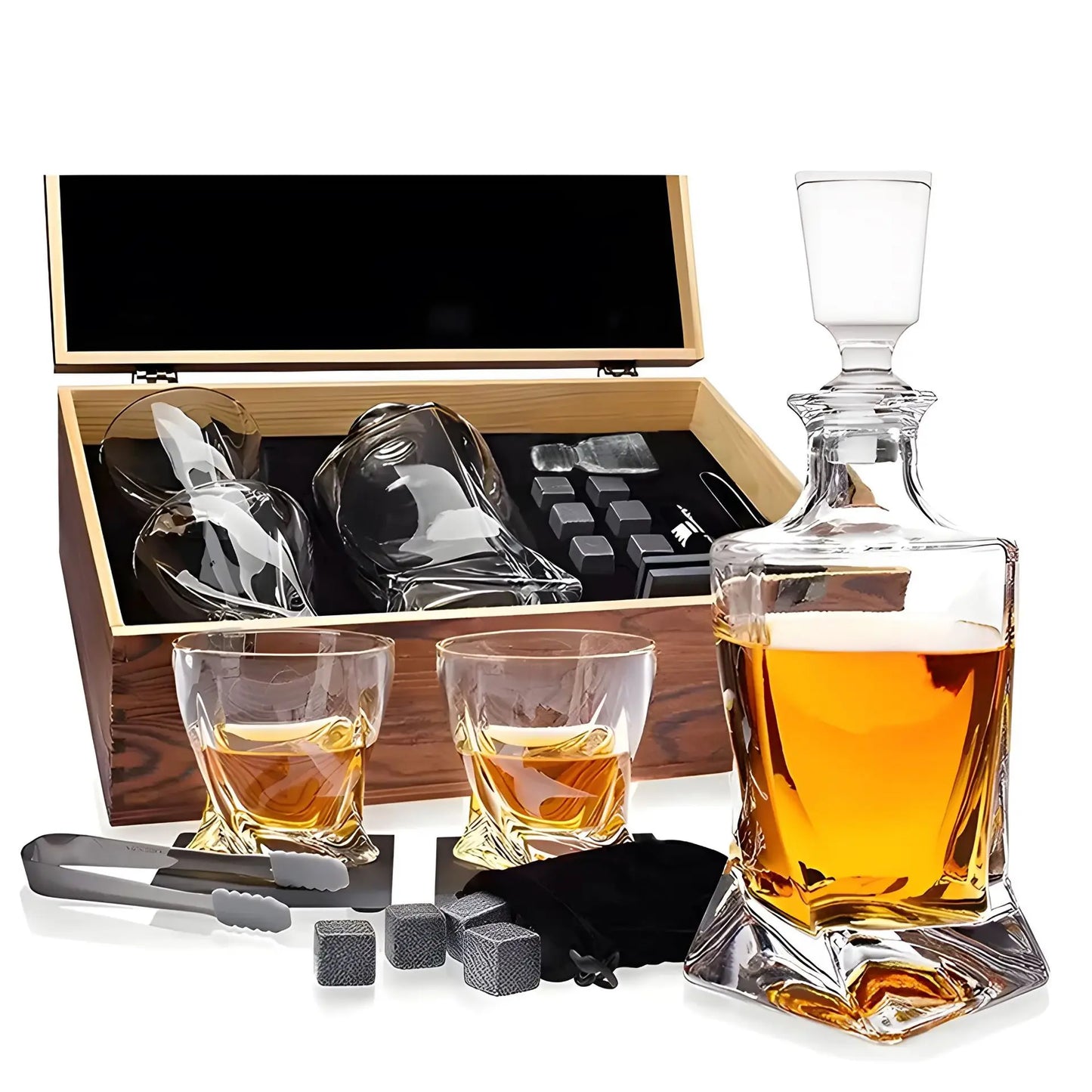 Set of 3 Pcs Bourbon,Whiskey Decanter Set with Glasses ,Ice Stone and Wooden Gift Box