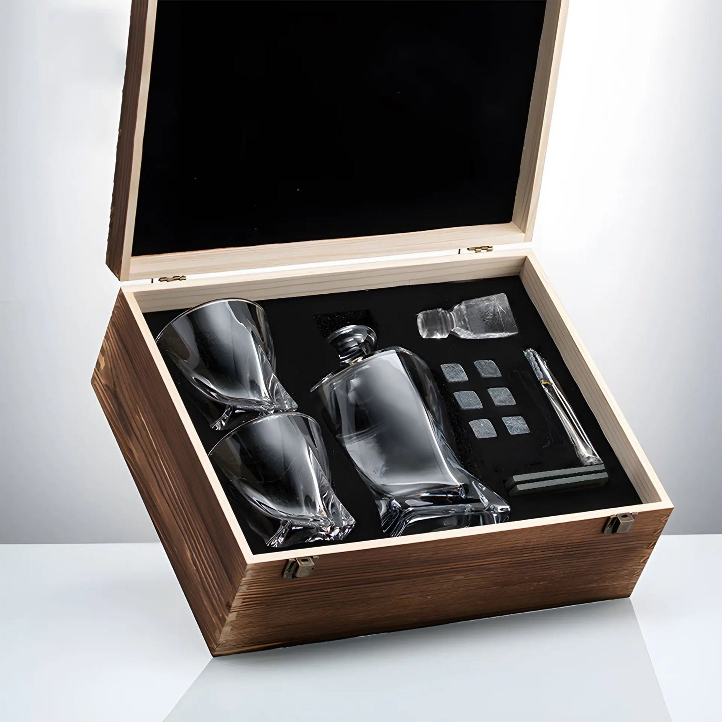 Set of 3 Pcs Bourbon,Whiskey Decanter Set with Glasses ,Ice Stone and Wooden Gift Box