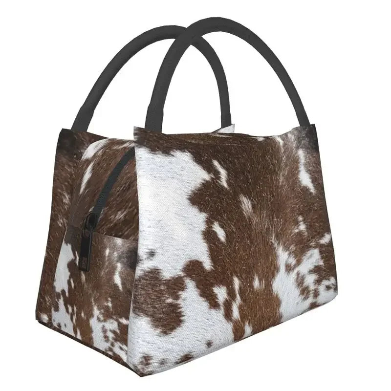 Brown And White Cow Hide Print Insulated Lunch Bag (Simulated Cowhide) Textured Portable Thermal Cooler Food Lunch Box