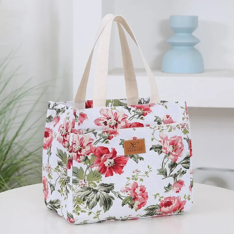 Aesthetic Floral Print Lunch Bag, Insulated Large Capacity Bento Bag, Thermal Cooler Handbag For School, Work, Travel & Picnic