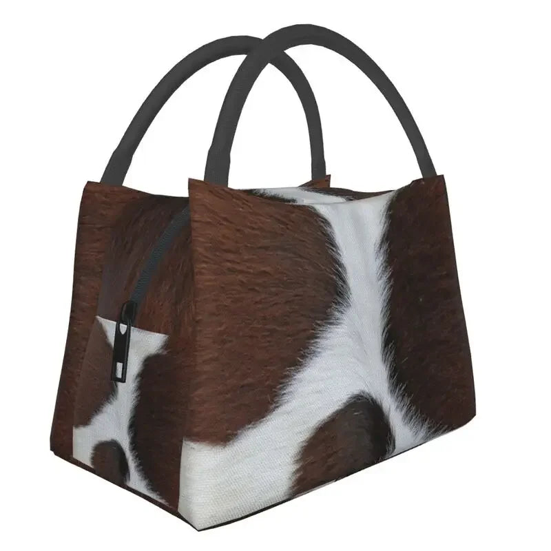 Brown And White Cow Hide Print Insulated Lunch Bag (Simulated Cowhide) Textured Portable Thermal Cooler Food Lunch Box (Copy) (Copy) (Copy)