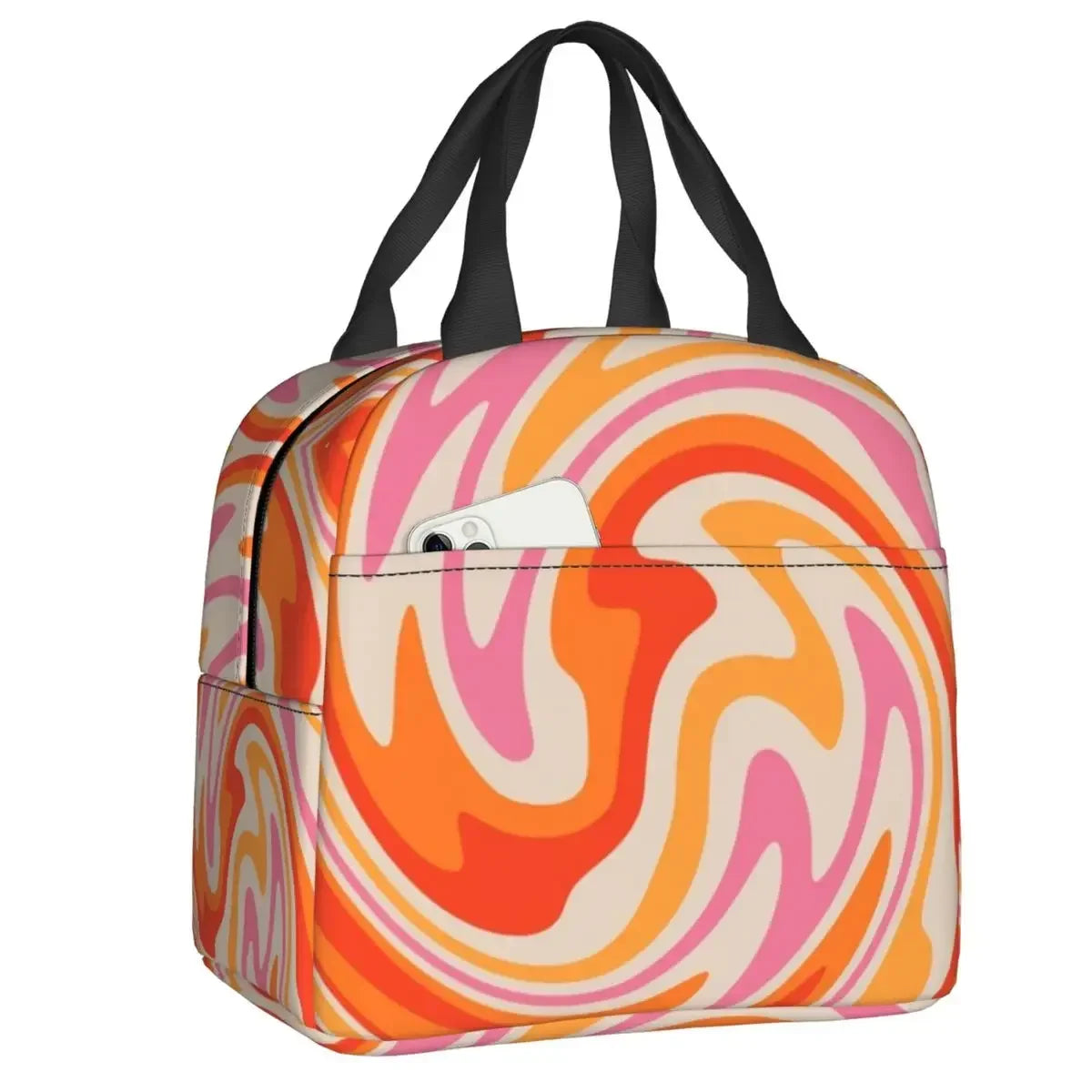 Retro Swirl (18 Abstract Designs) Geometric Print Lunch Bag Psychedelic Aesthetic Waterproof Cooler Thermal Insulated Lunch Box