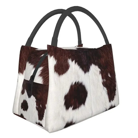 Brown And White Cow Hide Print Insulated Lunch Bag (Simulated Cowhide) Textured Portable Thermal Cooler Food Lunch Box