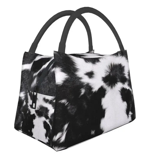 Black And White Cow Hide Print Insulated Lunch Bag (Simulated Cowhide) Textured Portable Thermal Cooler Food Lunch Box