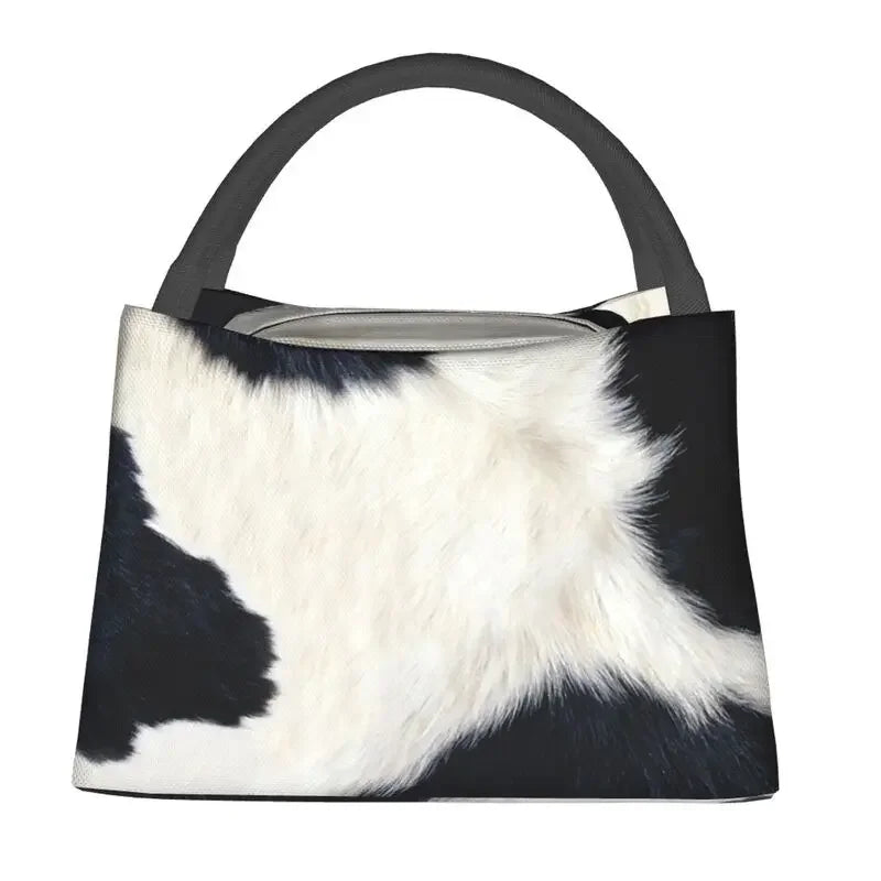 Black And White Cow Hide Print Insulated Lunch Bag (Simulated Cowhide) Textured Portable Thermal Cooler Food Lunch Box