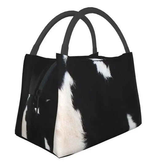 Black And White Cow Hide Print Insulated Lunch Bag (Simulated Cowhide) Textured Portable Thermal Cooler Food Lunch Box