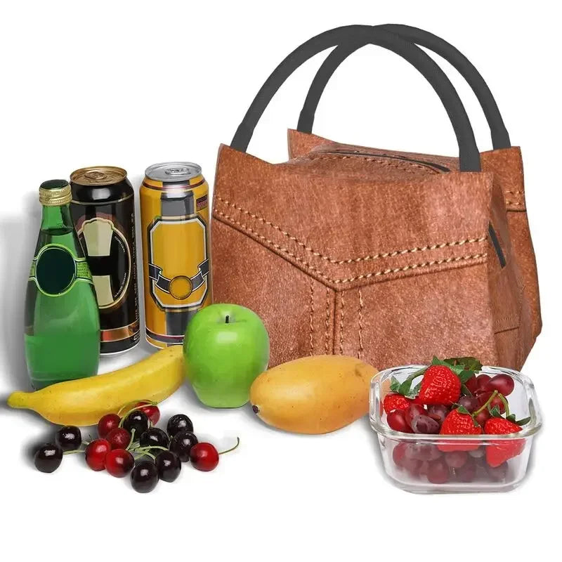 Leather Texture Print Portable Lunch Box Multifunction Medieval Style Cooler Thermal Food Insulated Lunch Bag