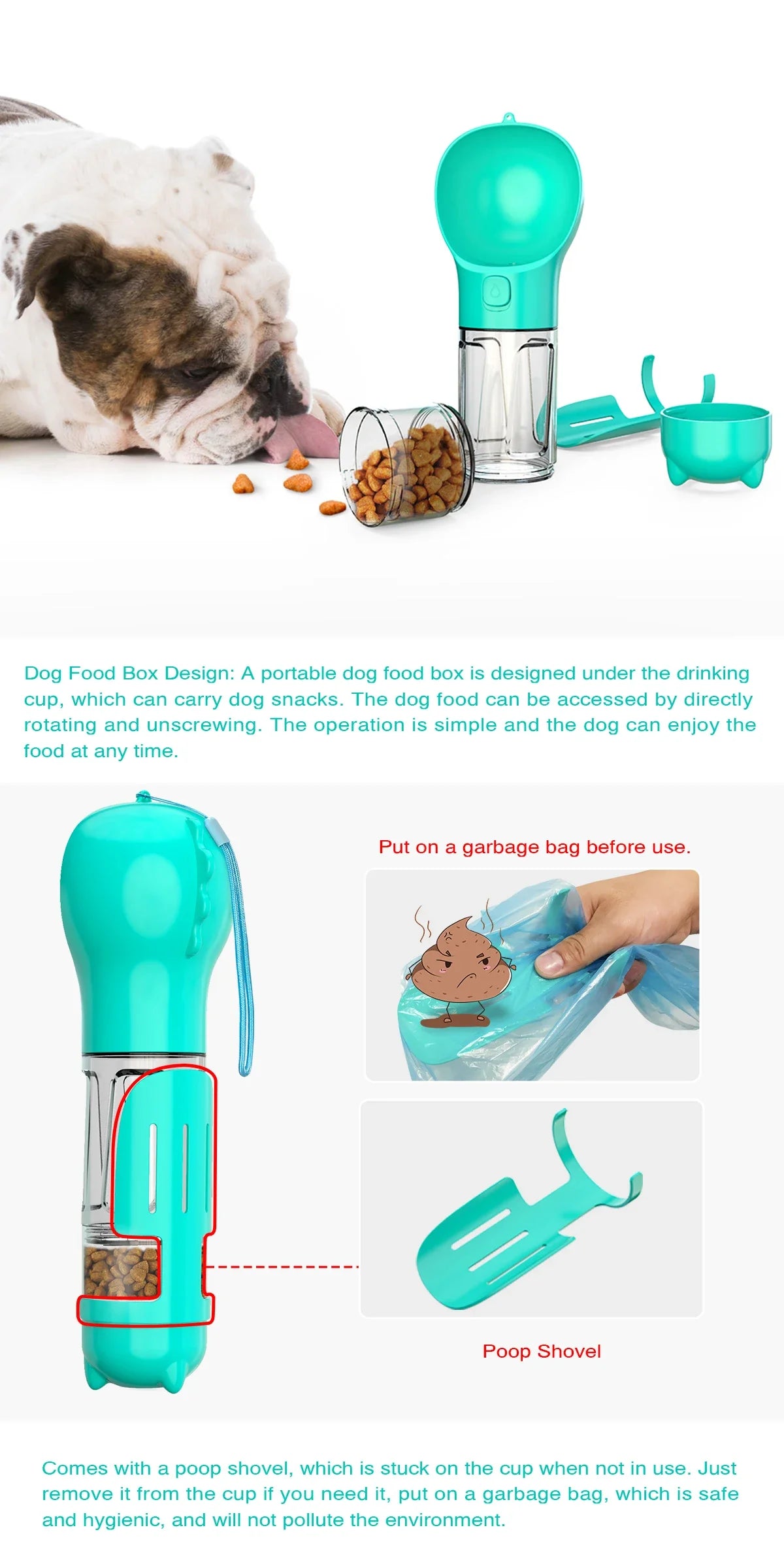 V8 Hydro Pet Portable cat and dog water bottle, food feeder, drinking fountain, 3 in 1 poop dispenser, leak proof