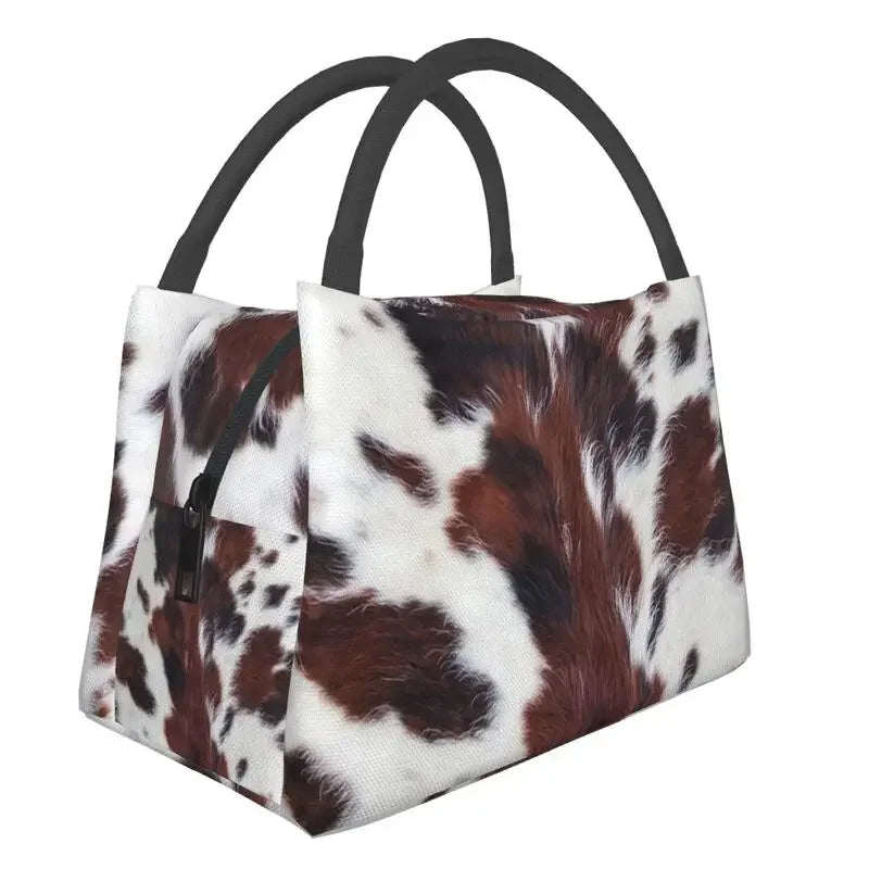 Black/Brown And White Cow Hide Print Insulated Lunch Bag (Simulated Cowhide) Textured Portable Thermal Cooler Food Lunch Box