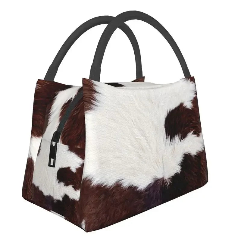 Brown And White Cow Hide Print Insulated Lunch Bag (Simulated Cowhide) Textured Portable Thermal Cooler Food Lunch Box