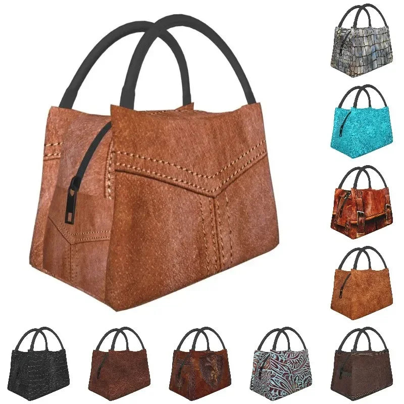 Leather Texture Print Portable Lunch Box Multifunction Medieval Style Cooler Thermal Food Insulated Lunch Bag