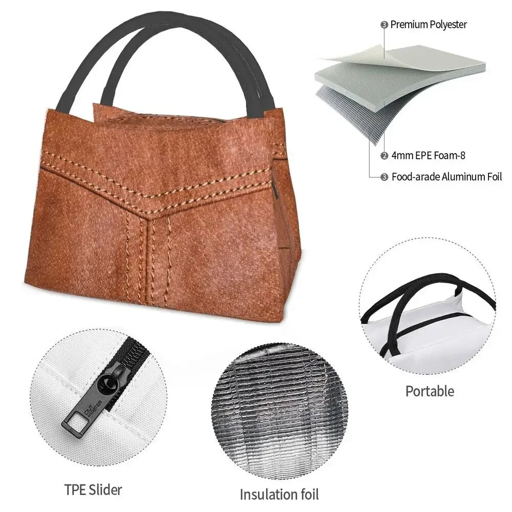 Leather Texture Print Portable Lunch Box Multifunction Medieval Style Cooler Thermal Food Insulated Lunch Bag