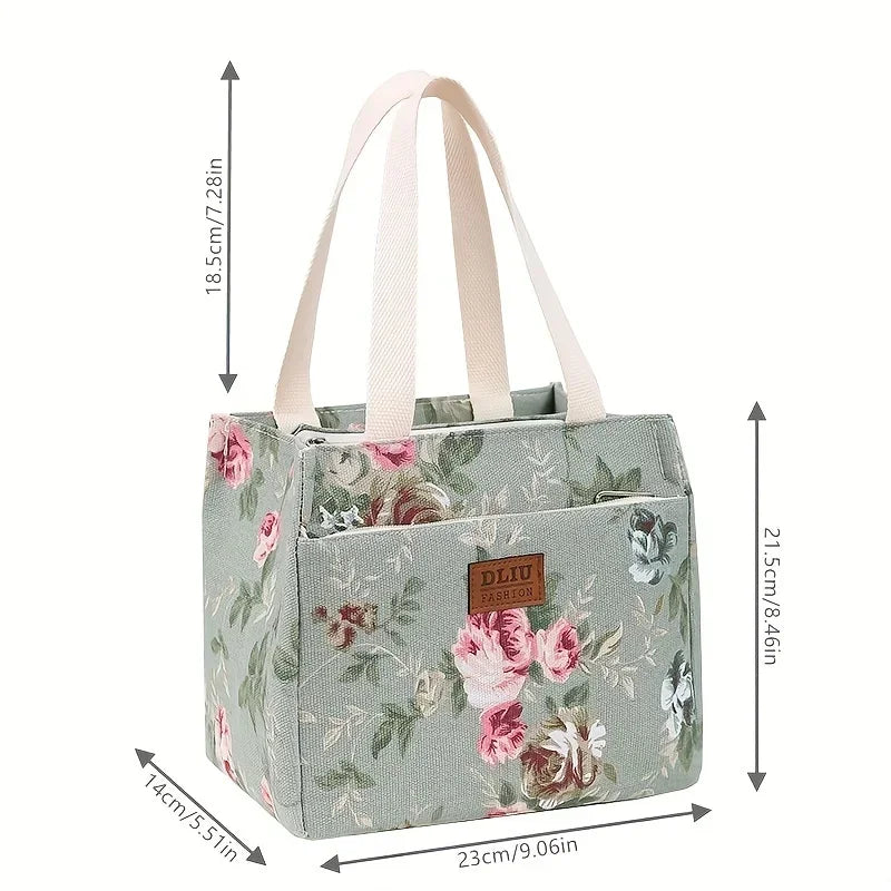 Aesthetic Floral Print Lunch Bag, Insulated Large Capacity Bento Bag, Thermal Cooler Handbag For School, Work, Travel & Picnic