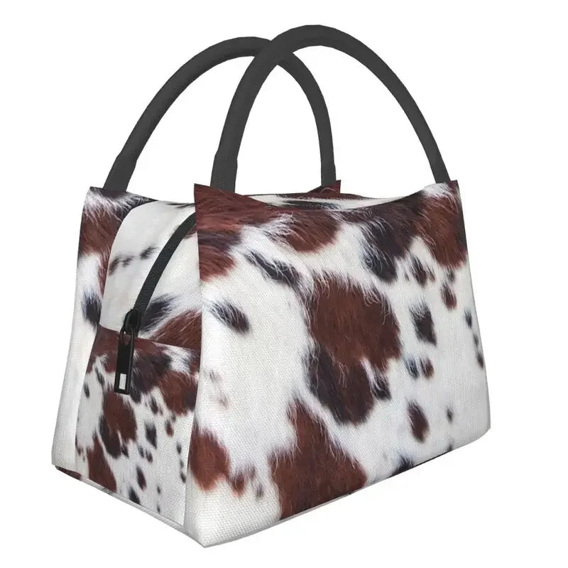 Brown And White Cow Hide Print Insulated Lunch Bag (Simulated Cowhide) Textured Portable Thermal Cooler Food Lunch Box