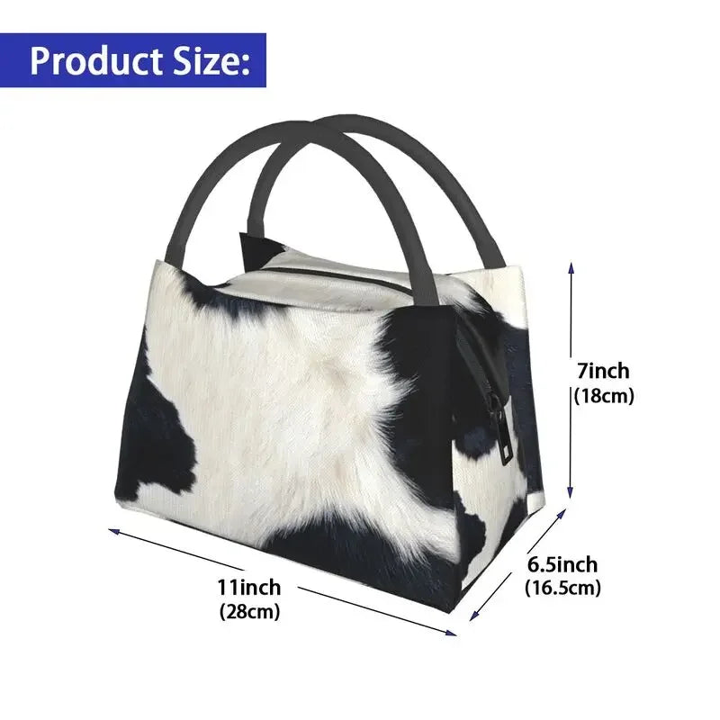 Black And White Cow Hide Print Insulated Lunch Bag (Simulated Cowhide) Textured Portable Thermal Cooler Food Lunch Box