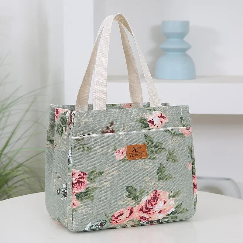 Aesthetic Floral Print Lunch Bag, Insulated Large Capacity Bento Bag, Thermal Cooler Handbag For School, Work, Travel & Picnic