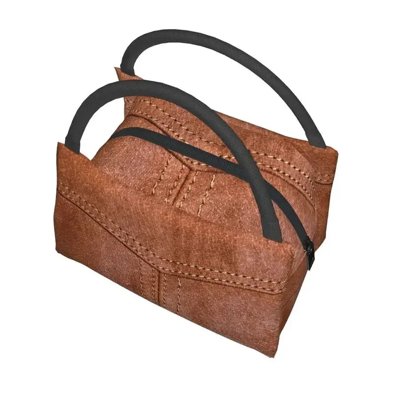 Leather Texture Print Portable Lunch Box Multifunction Medieval Style Cooler Thermal Food Insulated Lunch Bag