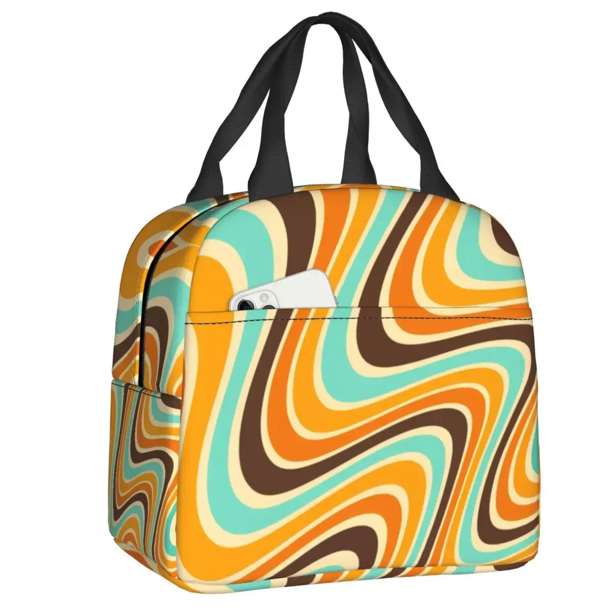 Retro Swirl (18 Abstract Designs) Geometric Print Lunch Bag Psychedelic Aesthetic Waterproof Cooler Thermal Insulated Lunch Box