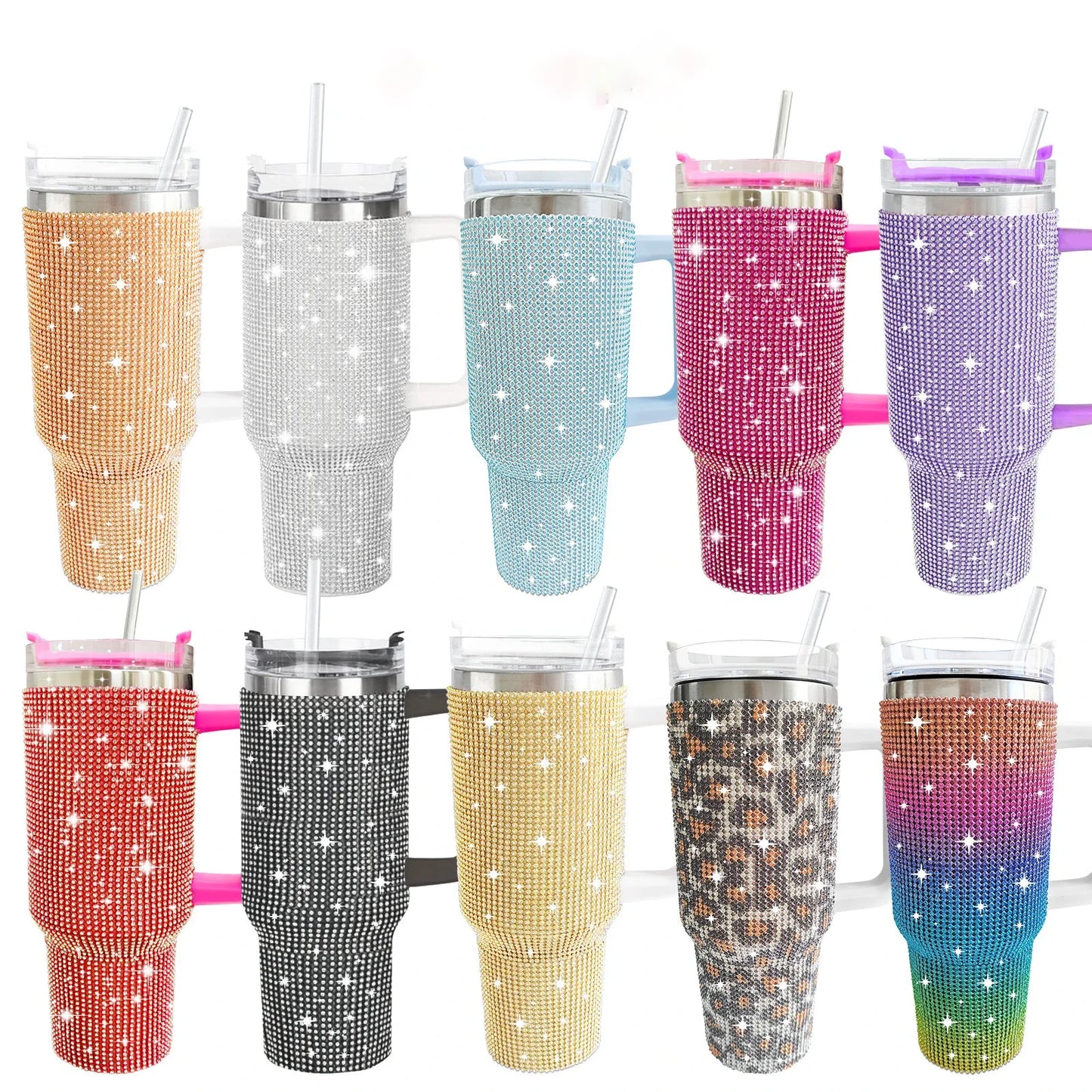 Hydro-Shine (Smooth) 40oz Stainless Insulated Tumbler with Straw Adorned with Rhinstones