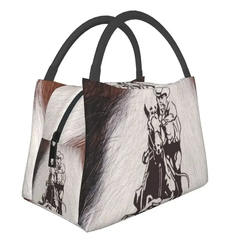 Black/Brown And White Cow Hide Print Insulated Lunch Bag (Simulated Cowhide) Textured Portable Thermal Cooler Food Lunch Box