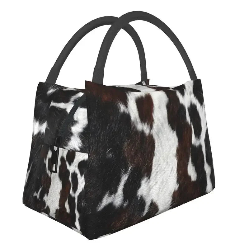 Black And White Cow Hide Print Insulated Lunch Bag (Simulated Cowhide) Textured Portable Thermal Cooler Food Lunch Box