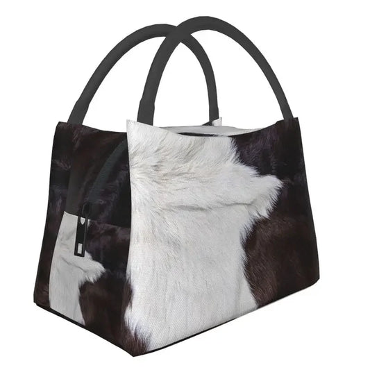 Black And White Cow Hide Print Insulated Lunch Bag (Simulated Cowhide) Textured Portable Thermal Cooler Food Lunch Box