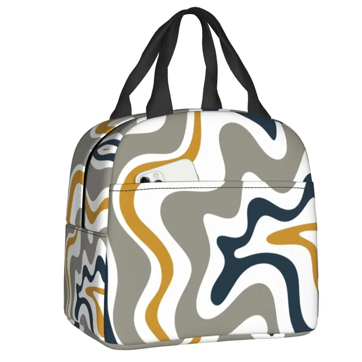 Retro Swirl (18 Abstract Designs) Geometric Print Lunch Bag Psychedelic Aesthetic Waterproof Cooler Thermal Insulated Lunch Box