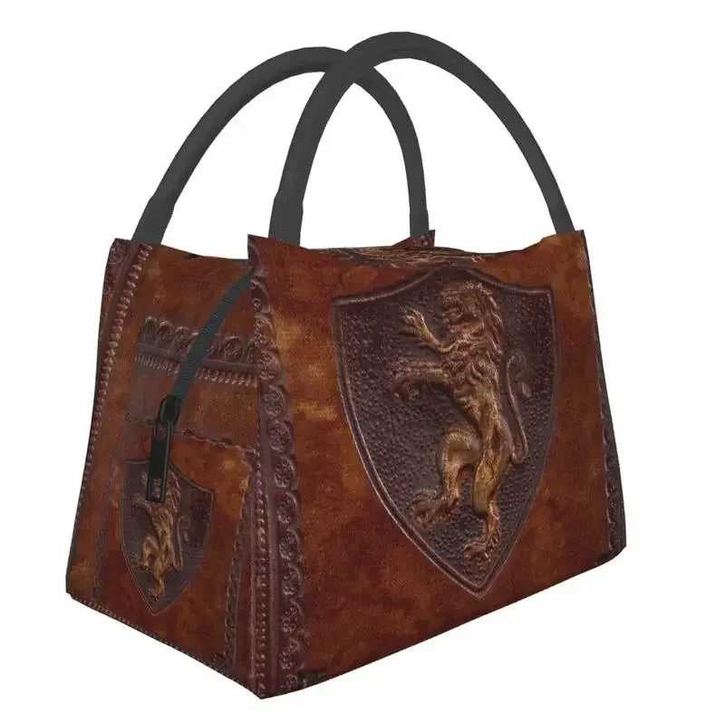 Leather Texture Print Portable Lunch Box Multifunction Medieval Style Cooler Thermal Food Insulated Lunch Bag