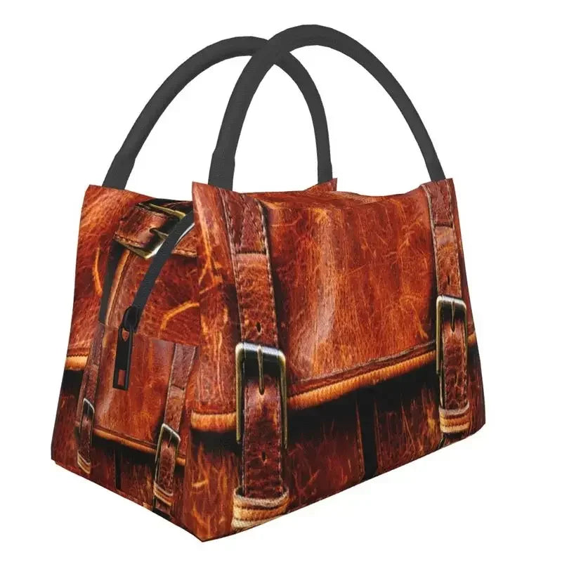 Leather Texture Print Portable Lunch Box Multifunction Medieval Style Cooler Thermal Food Insulated Lunch Bag