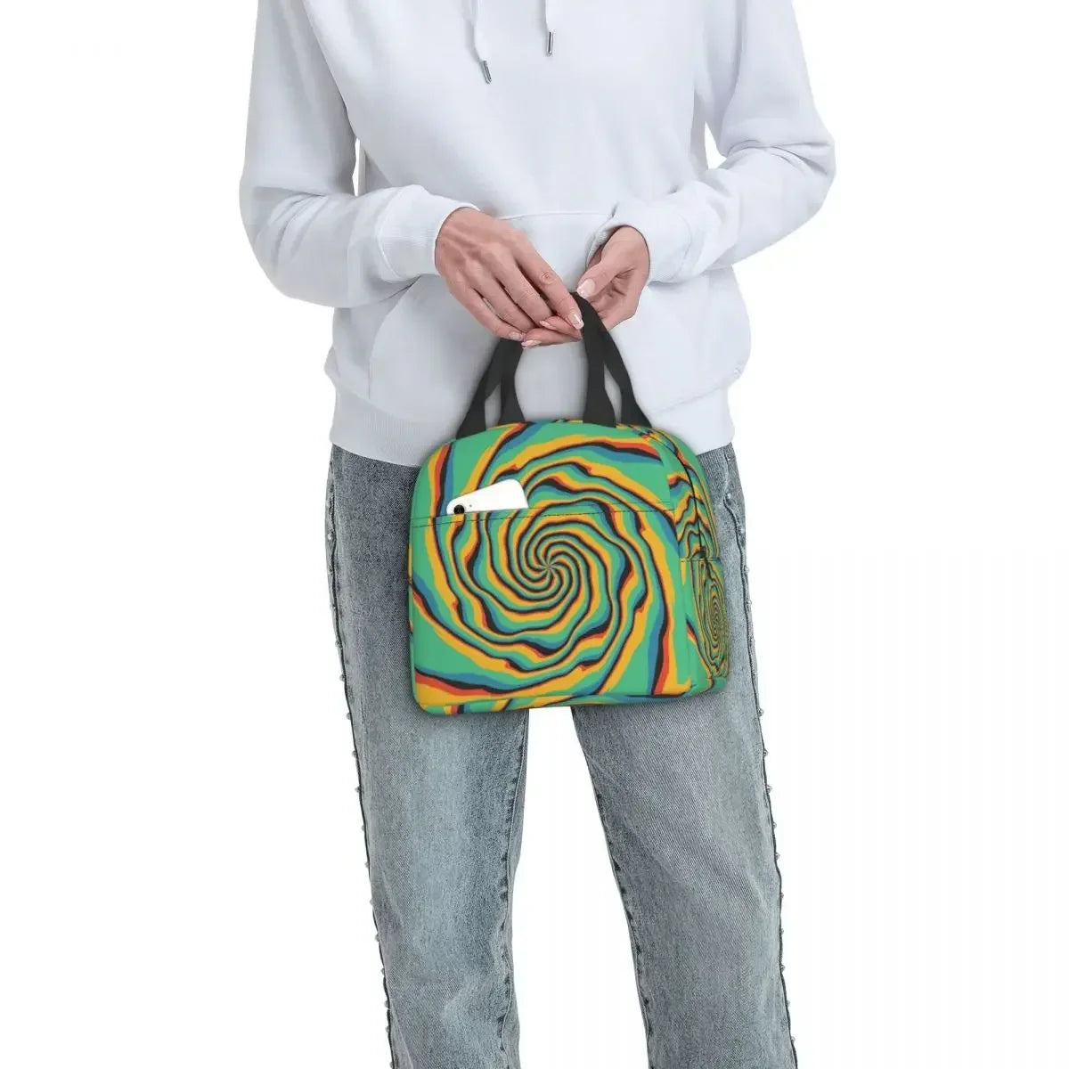 Retro Swirl (18 Abstract Designs) Geometric Print Lunch Bag Psychedelic Aesthetic Waterproof Cooler Thermal Insulated Lunch Box