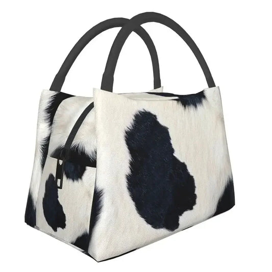 Black And White Cow Hide Print Insulated Lunch Bag (Simulated Cowhide) Textured Portable Thermal Cooler Food Lunch Box