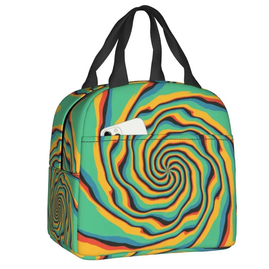 Retro Swirl (18 Abstract Designs) Geometric Print Lunch Bag Psychedelic Aesthetic Waterproof Cooler Thermal Insulated Lunch Box