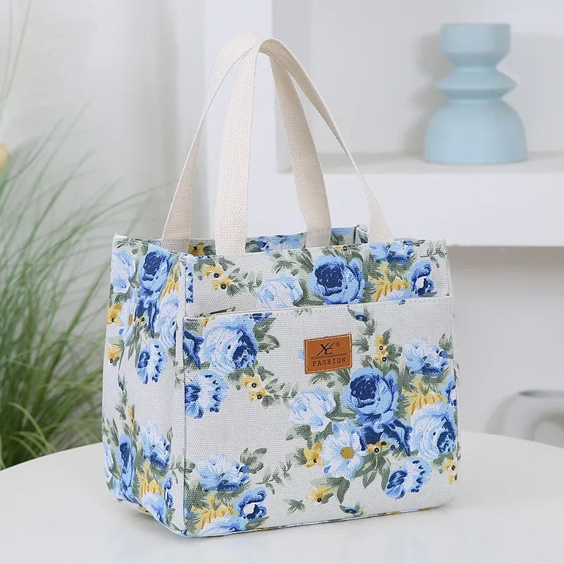 Aesthetic Floral Print Lunch Bag, Insulated Large Capacity Bento Bag, Thermal Cooler Handbag For School, Work, Travel & Picnic