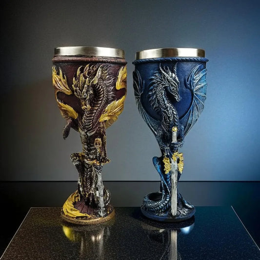 Dragon 3D embossed 200ml Nordic viking wine/beer goblet in yellow and blue. Perfect Gift