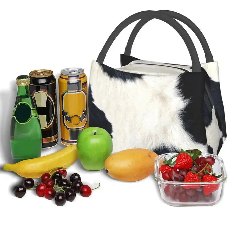 Black And White Cow Hide Print Insulated Lunch Bag (Simulated Cowhide) Textured Portable Thermal Cooler Food Lunch Box