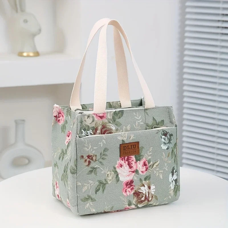 Aesthetic Floral Print Lunch Bag, Insulated Large Capacity Bento Bag, Thermal Cooler Handbag For School, Work, Travel & Picnic