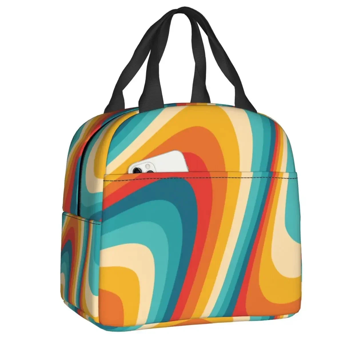 Retro Swirl (18 Abstract Designs) Geometric Print Lunch Bag Psychedelic Aesthetic Waterproof Cooler Thermal Insulated Lunch Box