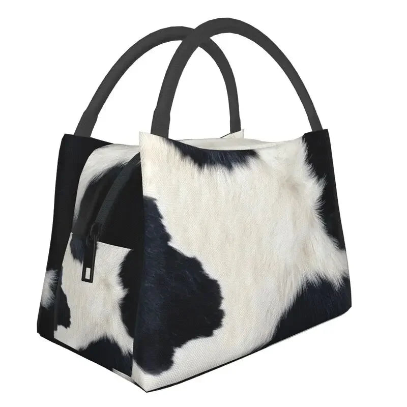 Black And White Cow Hide Print Insulated Lunch Bag (Simulated Cowhide) Textured Portable Thermal Cooler Food Lunch Box