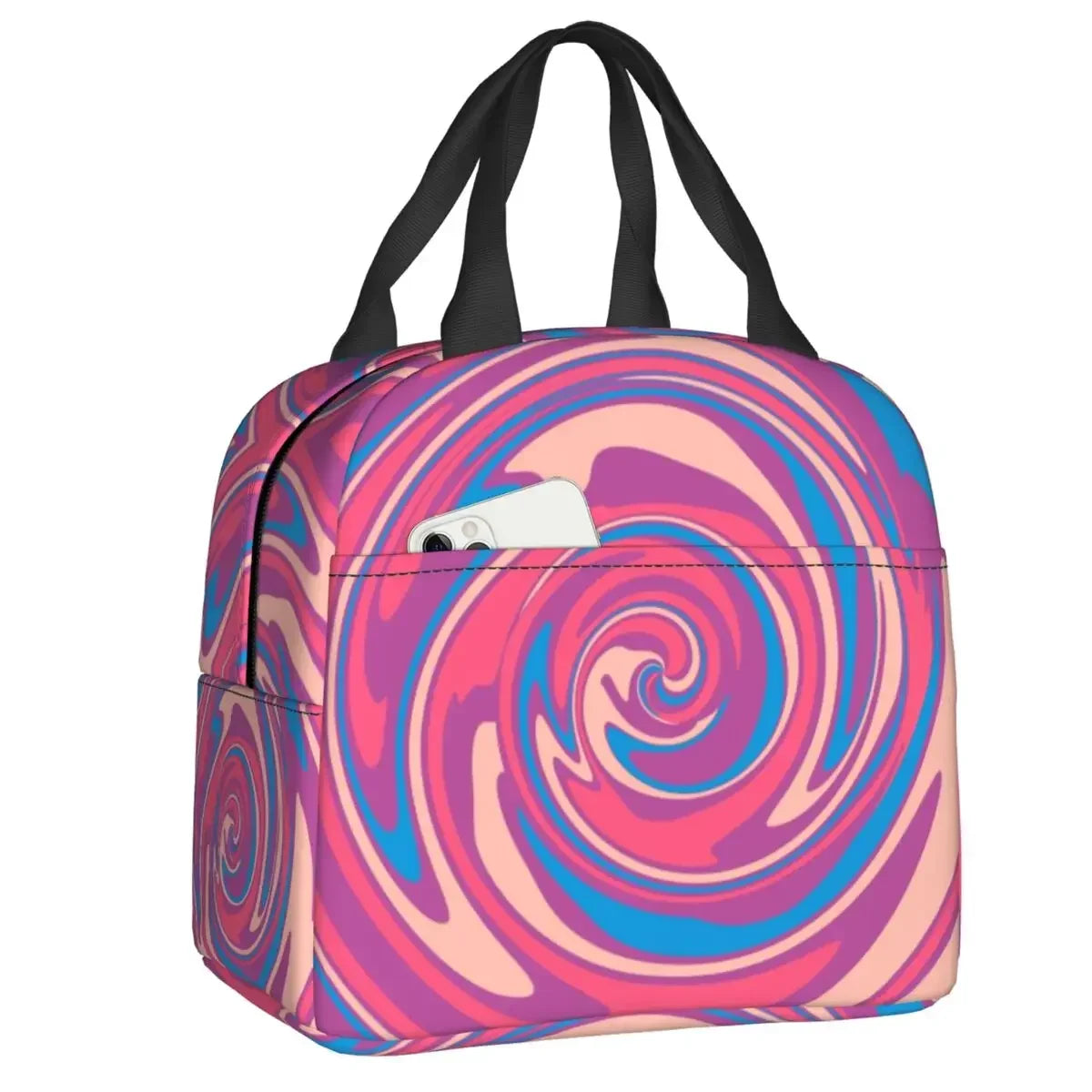 Retro Swirl (18 Abstract Designs) Geometric Print Lunch Bag Psychedelic Aesthetic Waterproof Cooler Thermal Insulated Lunch Box