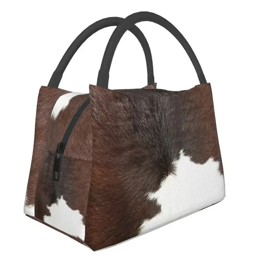 Brown And White Cow Hide Print Insulated Lunch Bag (Simulated Cowhide) Textured Portable Thermal Cooler Food Lunch Box