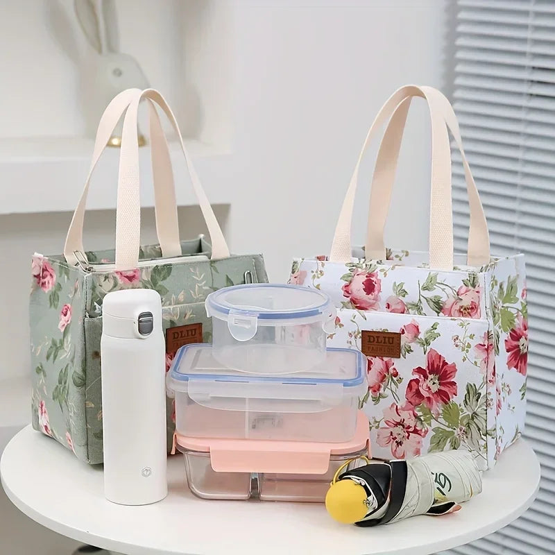 Aesthetic Floral Print Lunch Bag, Insulated Large Capacity Bento Bag, Thermal Cooler Handbag For School, Work, Travel & Picnic