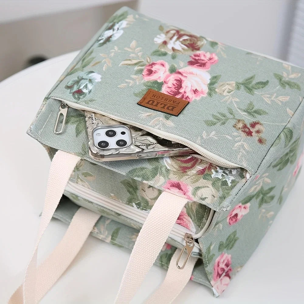 Aesthetic Floral Print Lunch Bag, Insulated Large Capacity Bento Bag, Thermal Cooler Handbag For School, Work, Travel & Picnic